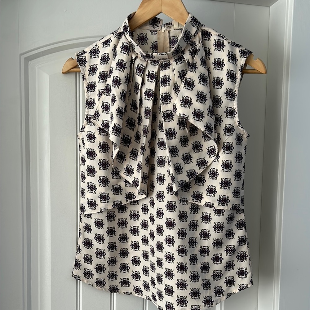 Cream and Purple Ruffled Blouse with Bib Collar